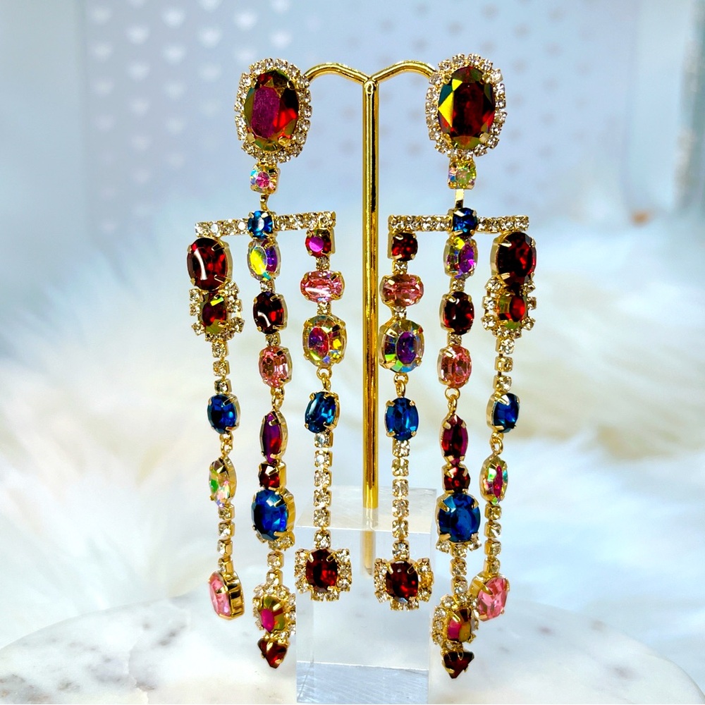 Crystal chandelier earrings 🌟 blue pink red 4” lightweight - Picture 3 of 4